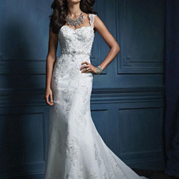 Sample White Pont D'esprit Lace Wedding Dress, Keyhole Fit & Flare Bling Vintage - Picture 4 of 4